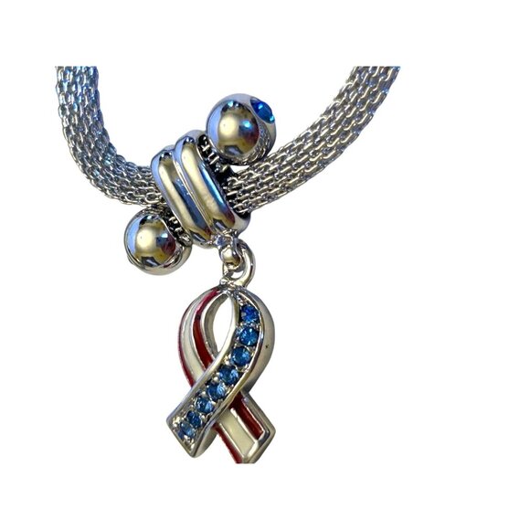 Silver Mesh Bracelet With Blue & Red Rhinestone Ribbon Pendant - Picture 3 of 10